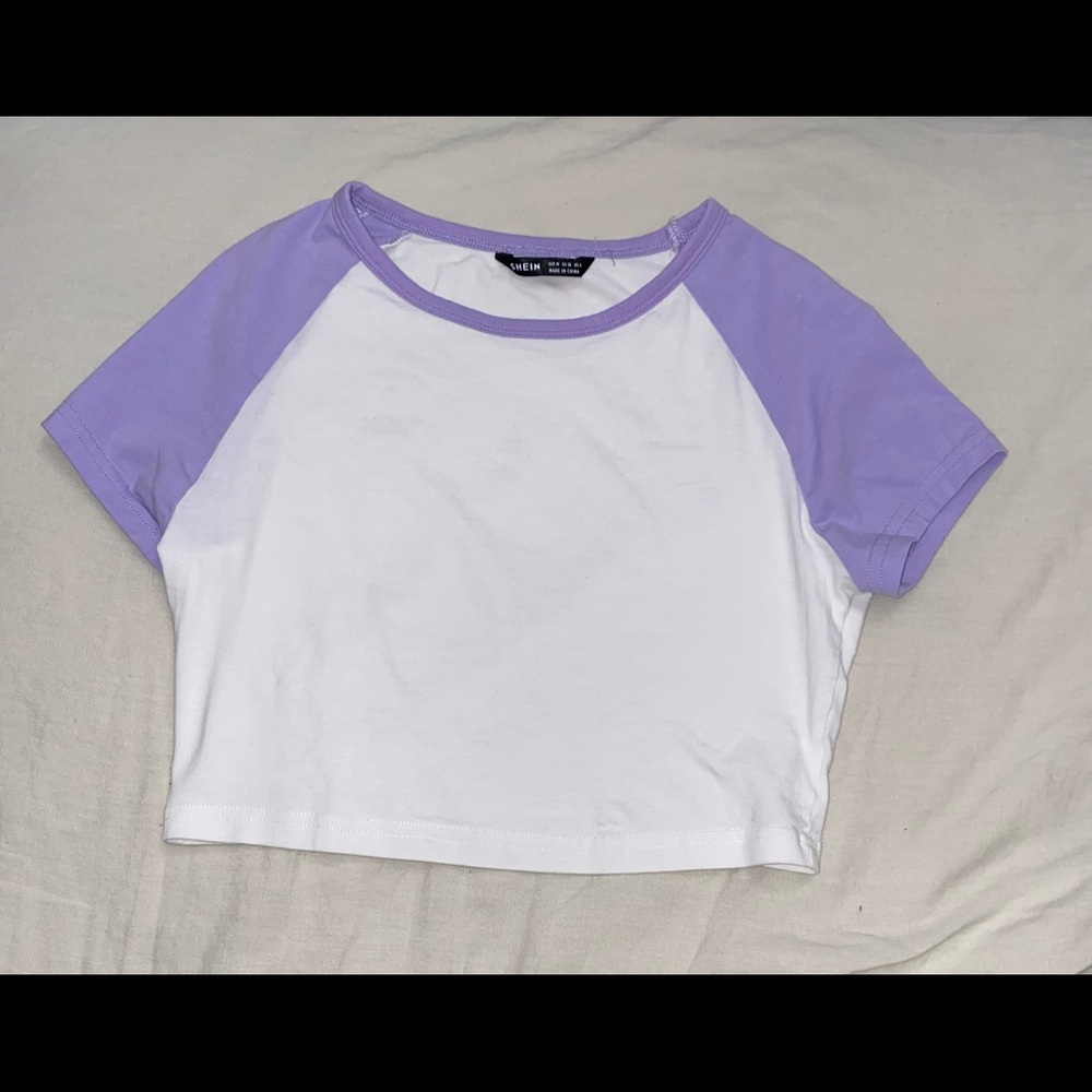 White and purple short sleeve crop top not see-through size medium
